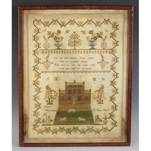 609 - A George IV sampler dated 1829, worked by Mary Worth aged 10 years, worked in silk threads on a fine... 