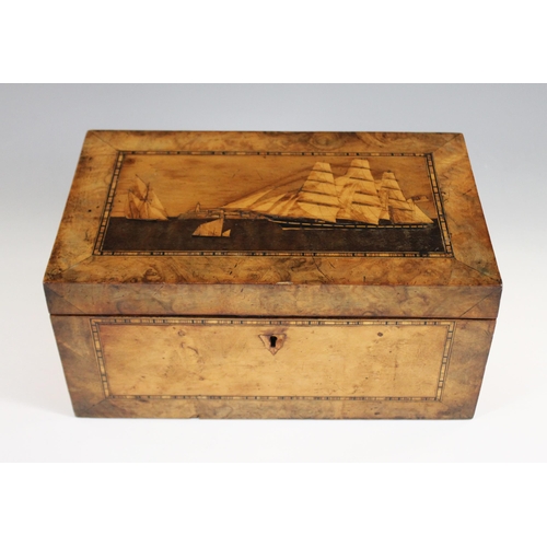 673 - A Trinity House marquetry tea caddy, third quarter 19th century, the rectangular figured walnut box ... 