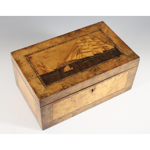 673 - A Trinity House marquetry tea caddy, third quarter 19th century, the rectangular figured walnut box ... 