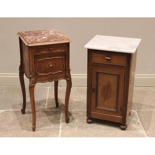 844 - A French Louis XV style kingwood and rouge marble bedside cabinet, the rounded square marble top abo... 