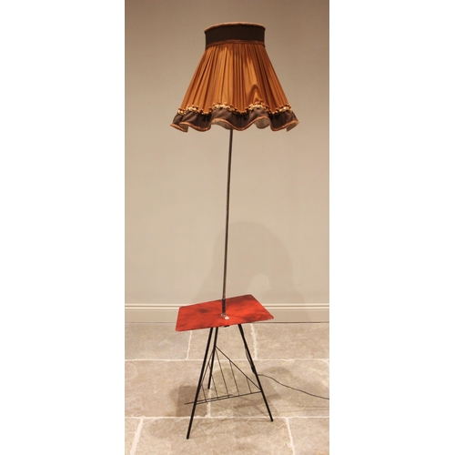 845 - A mid 20th century standard lamp, with a chromed pole upon a simulated marble table top and three ou... 