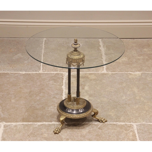 846 - A Regency style gilt metal glass top drinks table, 20th century, the circular glass top upon a porti... 