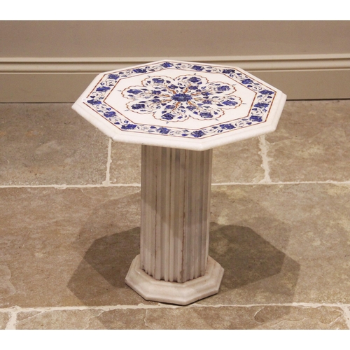 847 - A white marble pietra dura pedestal table, 20th century, the moulded octagonal top inset with a blue... 