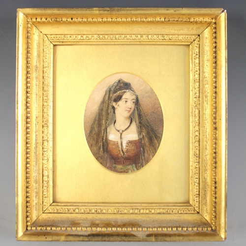 164 - Continental school (19th century),  
An oval portrait miniature depicting a young lady in jewelled h... 