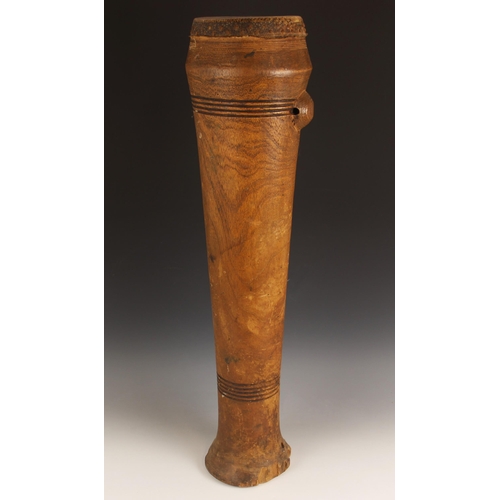 447 - A West African tall Kuba drum, Belgian Congo, the hollowed wood shaft with reptile skin cover, 81cm ... 