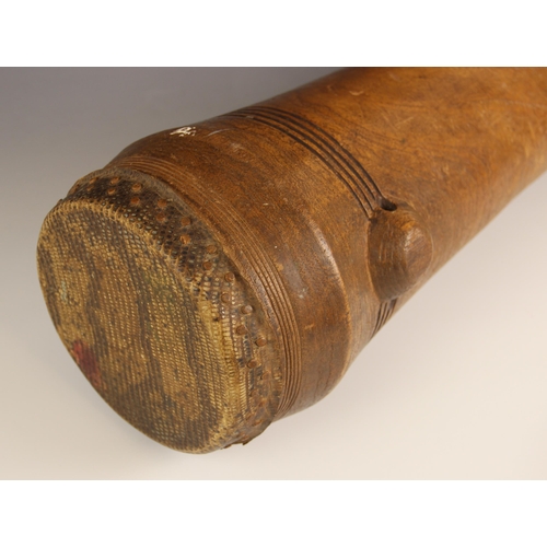 447 - A West African tall Kuba drum, Belgian Congo, the hollowed wood shaft with reptile skin cover, 81cm ... 