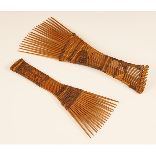 448 - Two West African combs, Luba people, Zaire, Belgium Congo, each of fan shape and formed from palm le... 