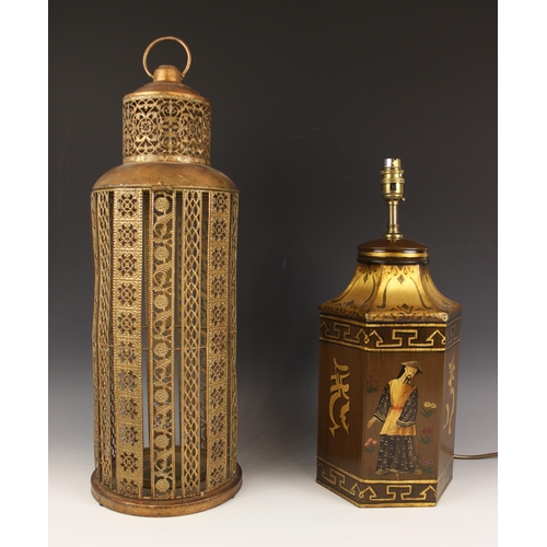 531 - A contemporary toleware style lamp base, the hexagonal form body painted with Chinese symbols and fi... 