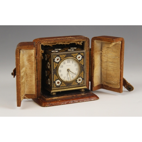 689 - A Zenith miniature travel alarm clock, early 20th century, the floral cloisonné case enclosing the 4... 