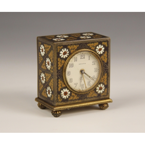 689 - A Zenith miniature travel alarm clock, early 20th century, the floral cloisonné case enclosing the 4... 