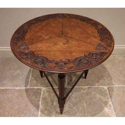 705 - A 17th century style oak triform drop leaf occasional table, early 20th century, the circular top wi... 