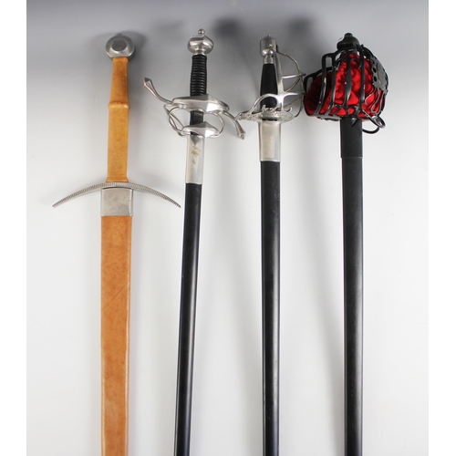 662 - Four modern re-enactment swords, comprising a two handed broadsword, 112cm long overall, a rapier ty... 