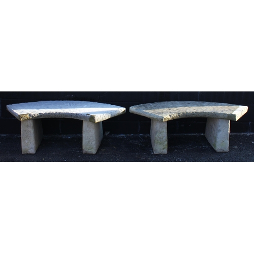 552 - A pair reconstituted stone benches, each of crescent form raised upon rectangular pillar supports, 4... 