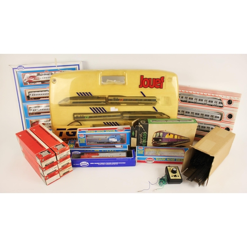 587 - A selection of HO gauge model railway equipment, comprising: four boxed Jouef locomotives, model num... 