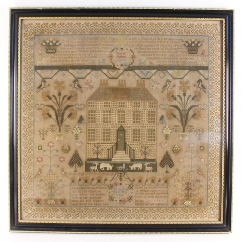 607 - A large George IV sampler dated 1823, worked by Harriet Nelson aged 8, in polychrome threads on a li... 