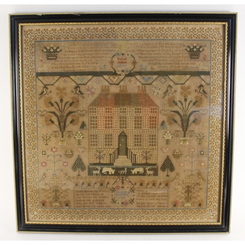 607 - A large George IV sampler dated 1823, worked by Harriet Nelson aged 8, in polychrome threads on a li... 