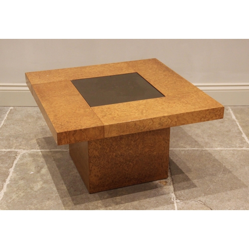 869 - Two graduated contemporary burr veneer coffee tables, the square tops centred with an inset mirrored... 