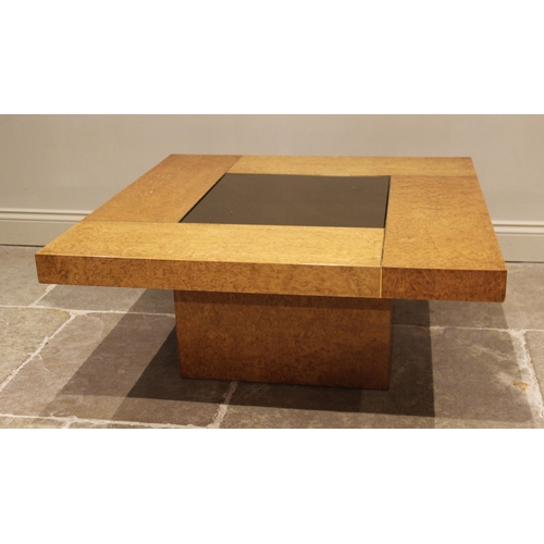 869 - Two graduated contemporary burr veneer coffee tables, the square tops centred with an inset mirrored... 