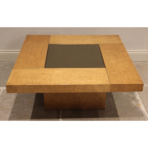 869 - Two graduated contemporary burr veneer coffee tables, the square tops centred with an inset mirrored... 