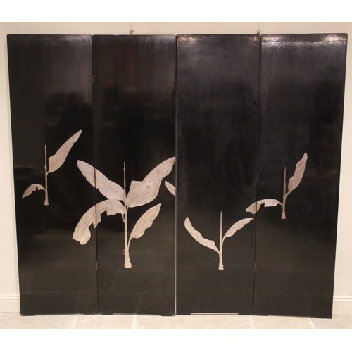 773 - A pair of Japanese black lacquer room screens, early 20th century, each screen with twin panels appl... 