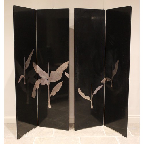 773 - A pair of Japanese black lacquer room screens, early 20th century, each screen with twin panels appl... 