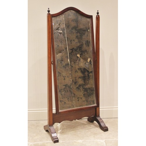 700 - A Regency style mahogany cheval mirror, the rectangular arched mirror plate with bevelled glass, sup... 