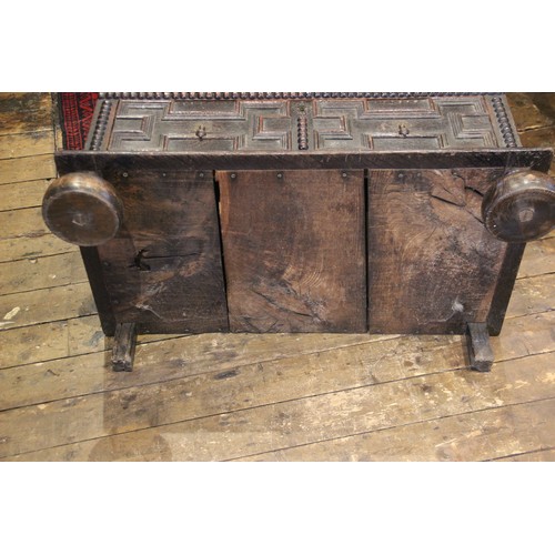 724 - A Jacobean oak chest of drawers, late 17th century, the twin plank top above an arrangement of three... 