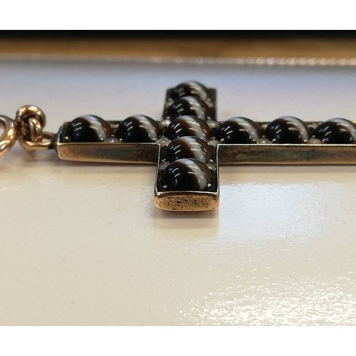 138 - A Victorian banded agate and pearl cross pendant, set with round banded agate cabochons interspersed... 