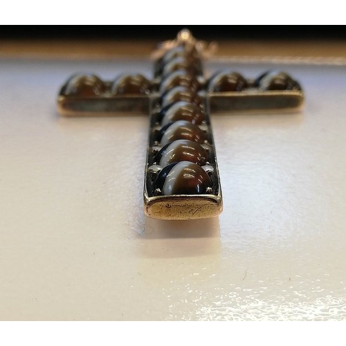 138 - A Victorian banded agate and pearl cross pendant, set with round banded agate cabochons interspersed... 