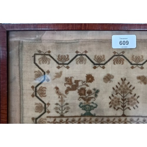 609 - A George IV sampler dated 1829, worked by Mary Worth aged 10 years, worked in silk threads on a fine... 