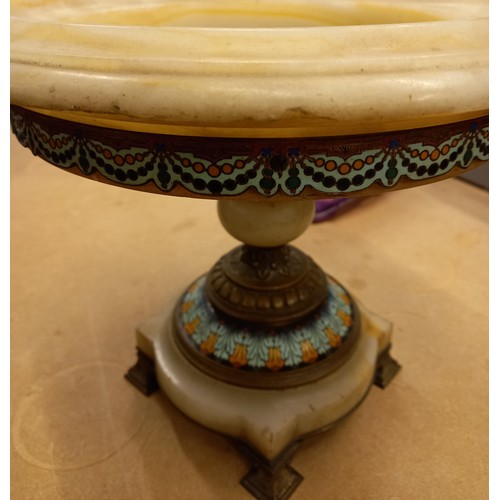 650 - A 19th century continental onyx and enamel brass mounted tazza, of circular form with ogee rim, rais... 