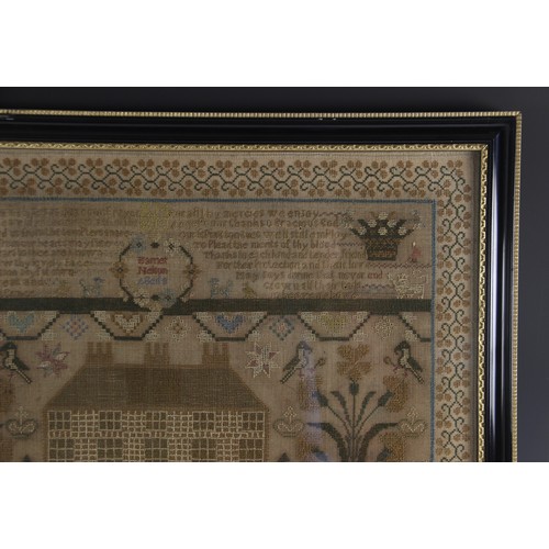 607 - A large George IV sampler dated 1823, worked by Harriet Nelson aged 8, in polychrome threads on a li... 