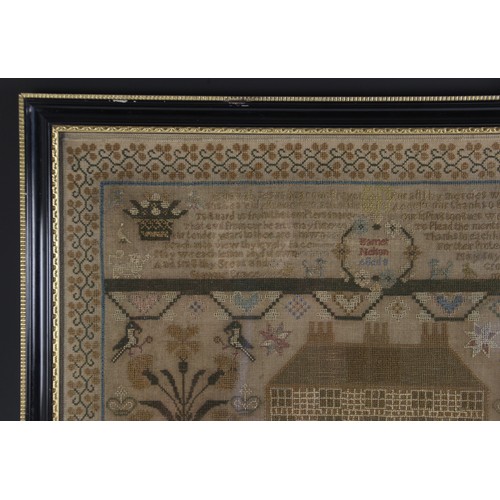 607 - A large George IV sampler dated 1823, worked by Harriet Nelson aged 8, in polychrome threads on a li... 