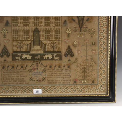 607 - A large George IV sampler dated 1823, worked by Harriet Nelson aged 8, in polychrome threads on a li... 