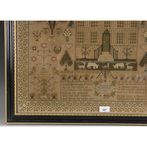 607 - A large George IV sampler dated 1823, worked by Harriet Nelson aged 8, in polychrome threads on a li... 