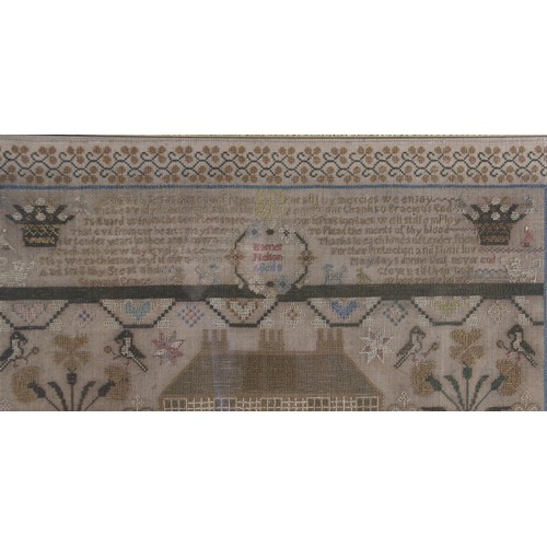 607 - A large George IV sampler dated 1823, worked by Harriet Nelson aged 8, in polychrome threads on a li... 