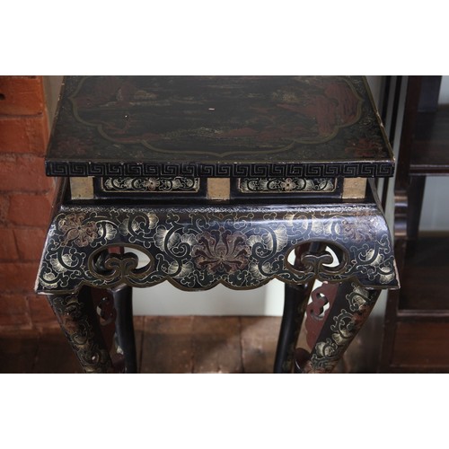 849 - A pair of Chinese lacquered urn stands, the rectangular tops gilt highlighted against a black ground... 