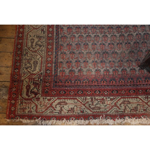 633 - A Persian carpet in red, black and ivory colourways, the central field with repeating leaf motifs, w... 