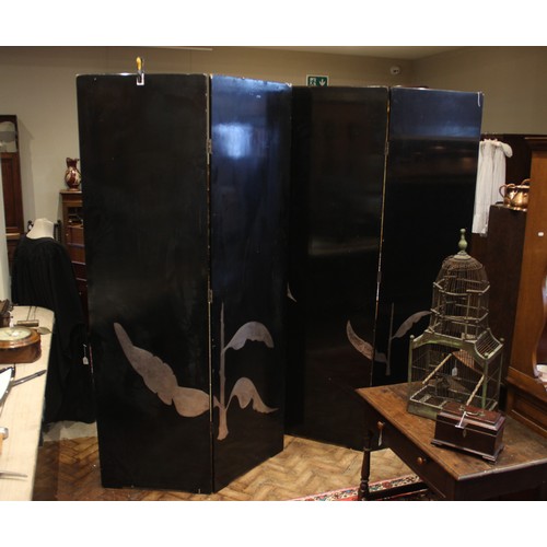 773 - A pair of Japanese black lacquer room screens, early 20th century, each screen with twin panels appl... 