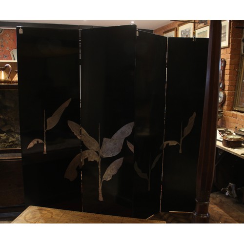 773 - A pair of Japanese black lacquer room screens, early 20th century, each screen with twin panels appl... 