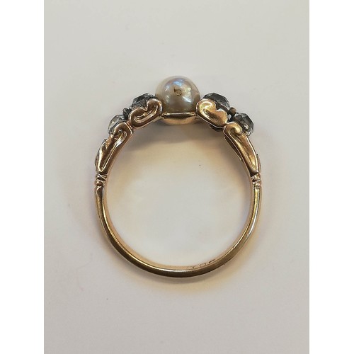 74 - A Victorian and later pearl and diamond ring, the central pearl measuring 5.7mm x 5.5mm, with two ol... 