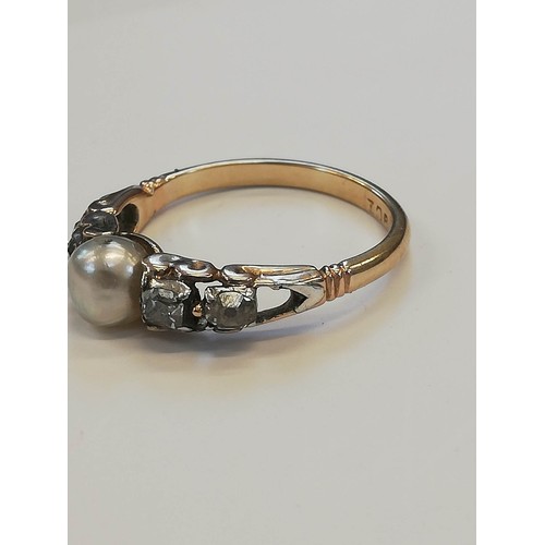 74 - A Victorian and later pearl and diamond ring, the central pearl measuring 5.7mm x 5.5mm, with two ol... 