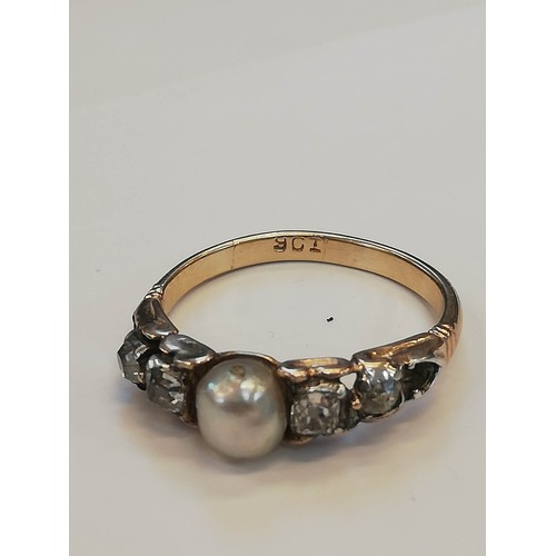 74 - A Victorian and later pearl and diamond ring, the central pearl measuring 5.7mm x 5.5mm, with two ol... 