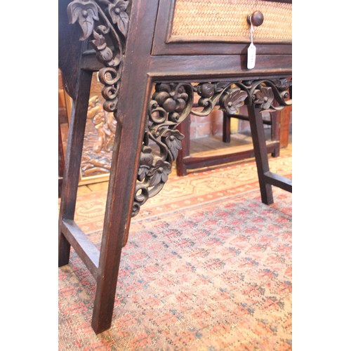 841 - A Chinese influence rattan and hardwood console table, 20th century, the framed rectangular top with... 