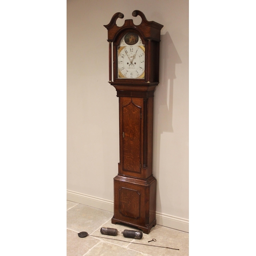 604 - A George III oak cased eight-day longcase clock, indistinctly signed Leicester, the hood with a twin... 