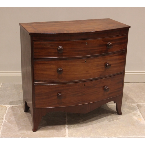 645 - 19th century mahogany bowfront chest of drawers, the crossbanded top above three graduated, cock bea... 