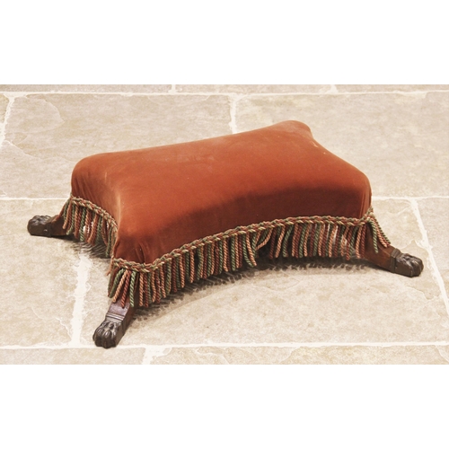 653 - A 19th century upholstered footstool, of quatre form, the pink upholstered seat with tasselled edge ... 