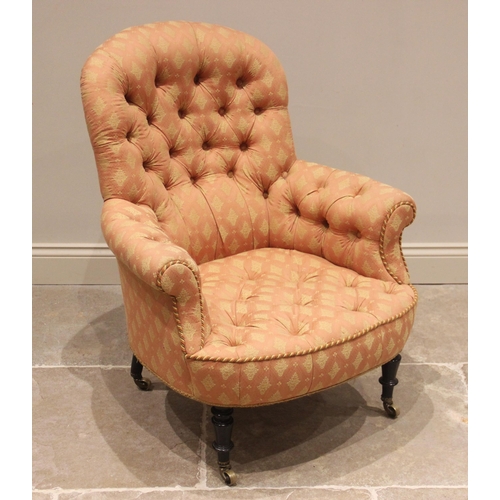 669 - A Victorian tub shaped drawing room chair, in the manner of Holland & Sons, later re-covered in foli... 