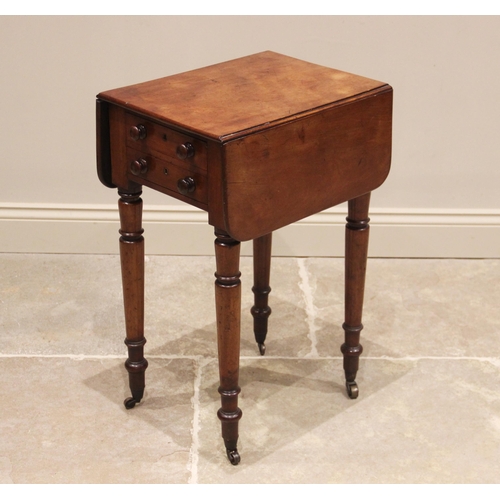 671 - A mid 19th century mahogany work table, the rectangular drop leaf top with rounded corners, above tw... 