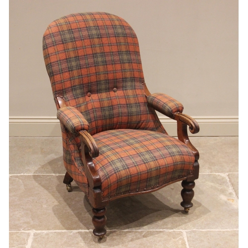 678 - A Victorian mahogany open armchair, later upholstered in tartan fabric, the arched back extending to... 